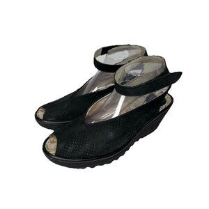 Fly London Sandals Women Size 10-10.5 US 41 EU Black Perforated Leather Peep Toe